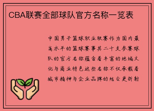 CBA联赛全部球队官方名称一览表